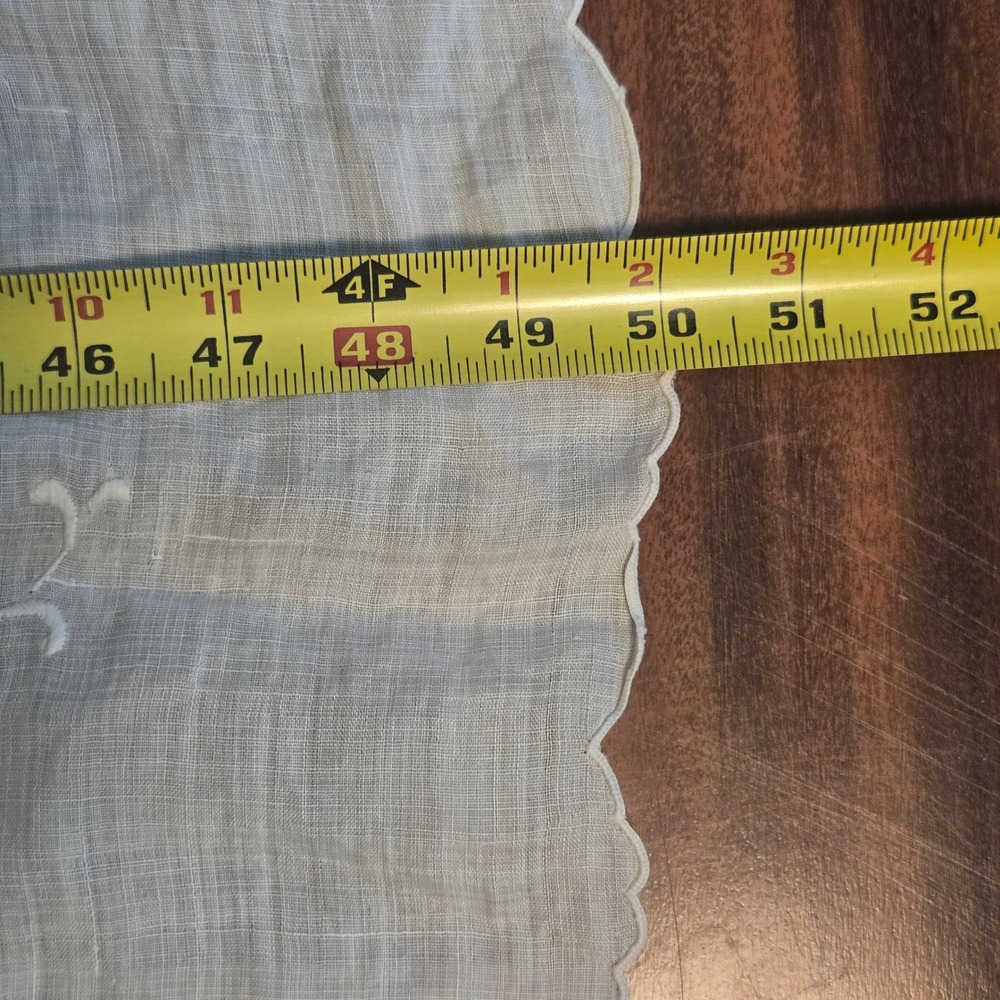 Vintage Off White Embroidered Linen Tablecloth Scalloped Edge Cutwork 47x50 - Picture 6 of 7